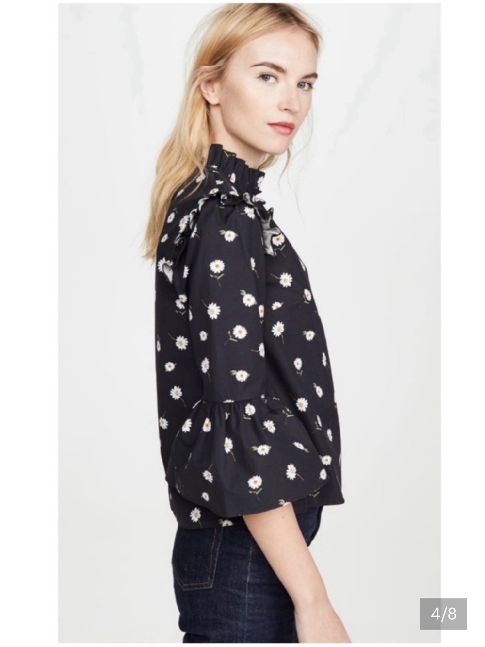 Alice + Olivia Black Daisy-Print Ruffle-Neck Blouse - Picture 3 of 3